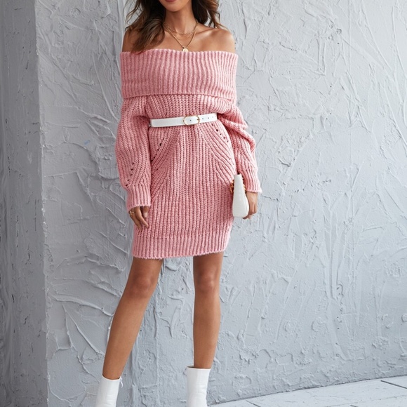 BOHO pink off shoulder knit sweater dress - Picture 3 of 6